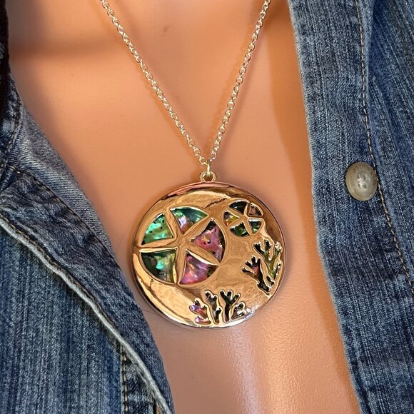 Cut-Out Sea Life Starfish and Abalone Pendant Necklace and Earring Set    NEW - Picture 2 of 4